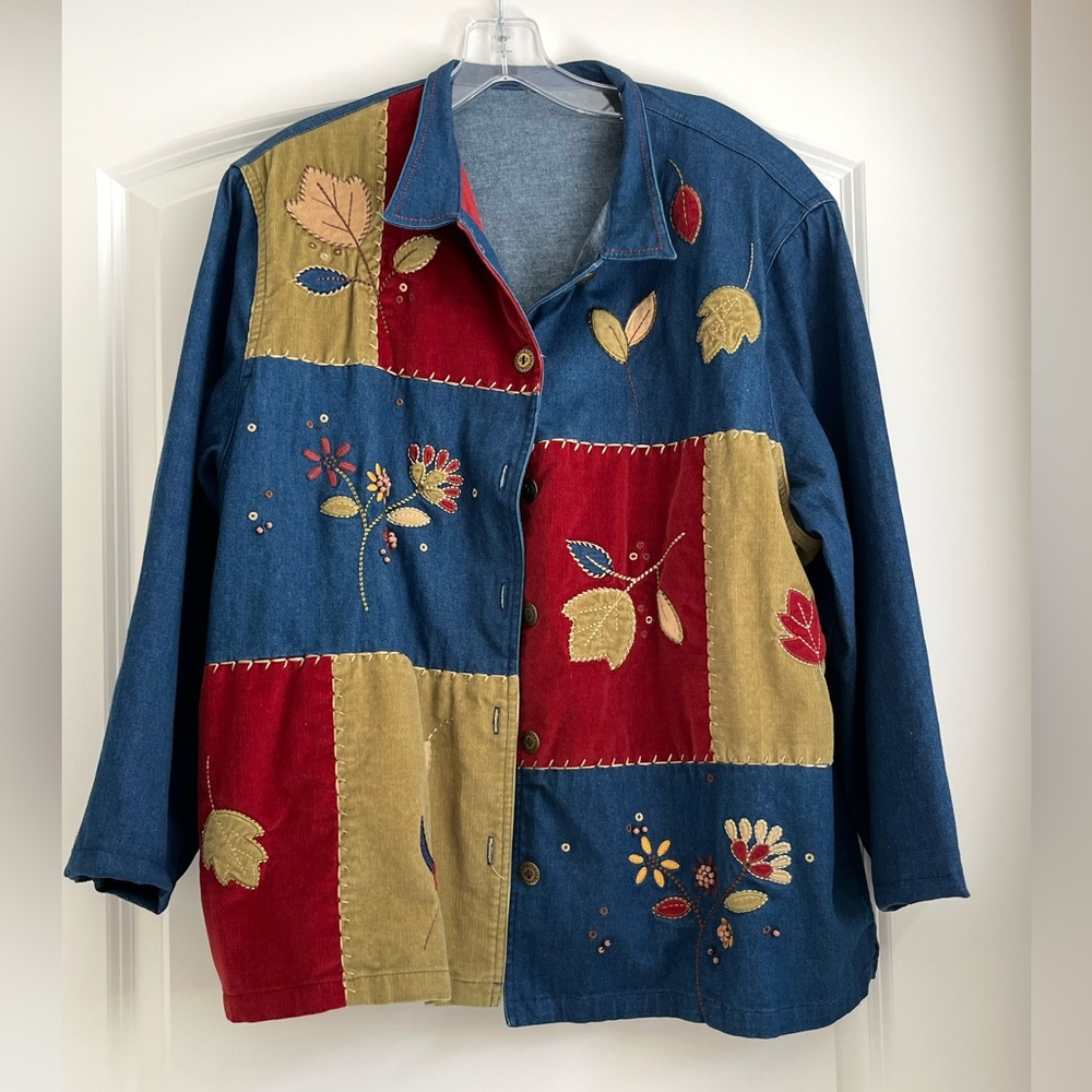 Patchwork Denim Jacket With Embroidered Floral De… - image 1